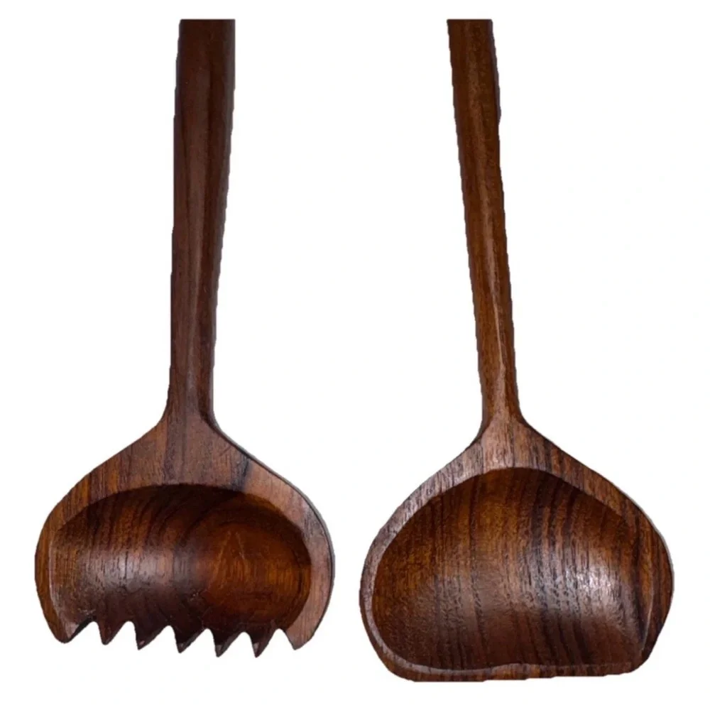 Vintage MCM Danish Teak Salad Serving Utensils Fork & Spoon Set Pair 12 Inches